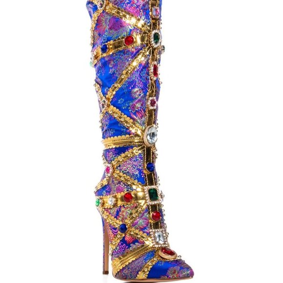 AZALEA WANG "THE HIGH  STEPPER BRIGADE" BLUE BAROCADE EMBELLISHED BOOT(BRAND NEW - Picture 2 of 8
